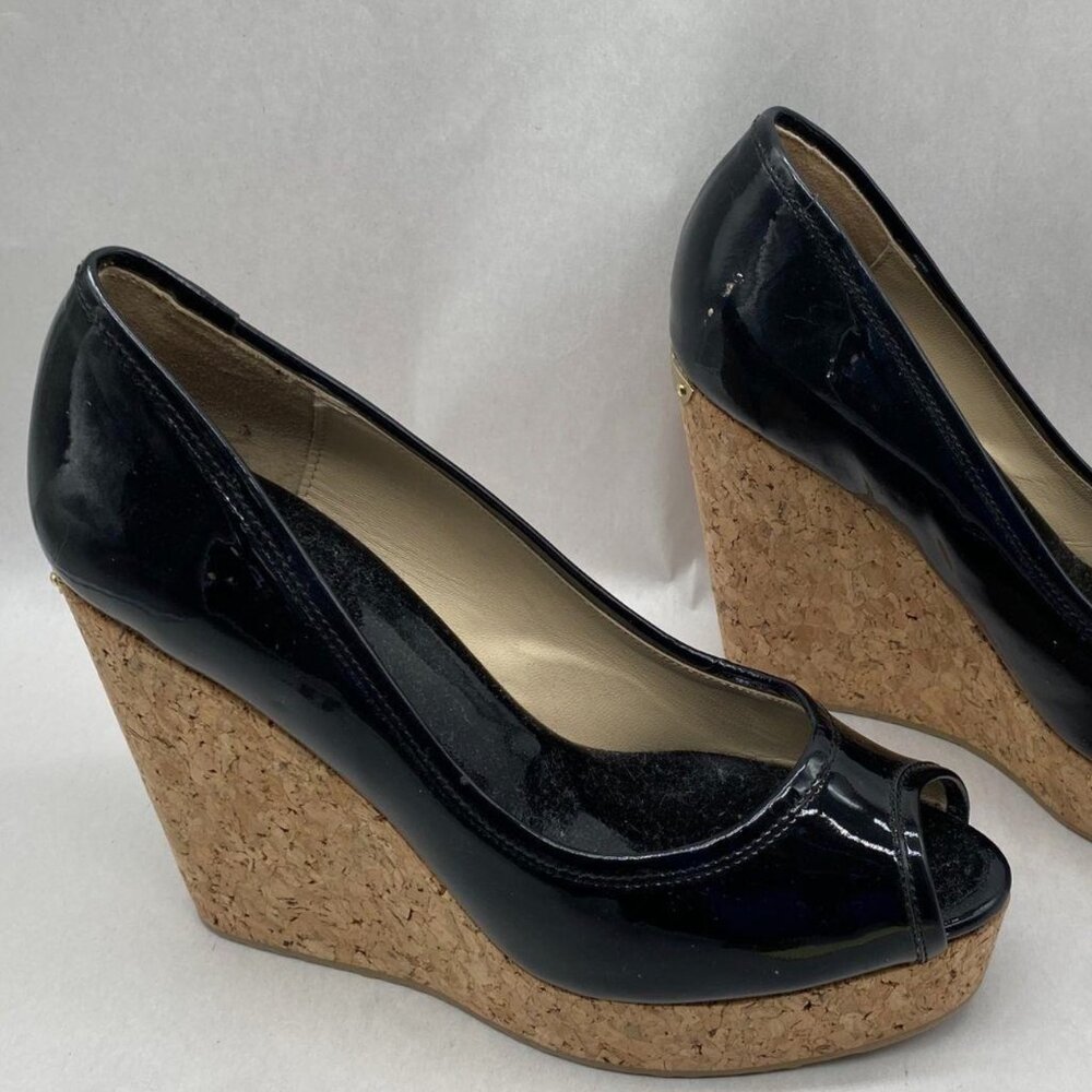 Jimmy Choo Black Patent Leather Peep Toe Cork Wedge Heels